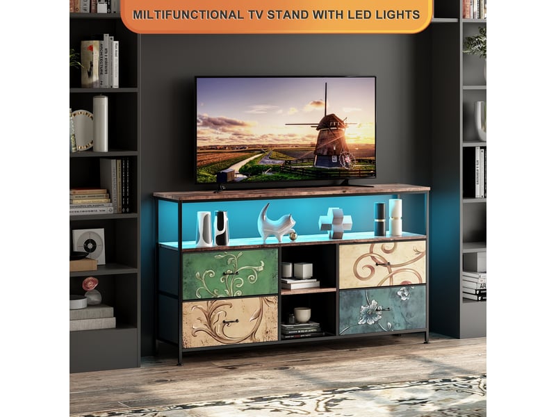  Meuble tv led 137x30x78cm - multifonctionnel - 4 tiroirs en tissu coloré et étagères ouvertes - combinaison rétro et modernes  - Conforama C