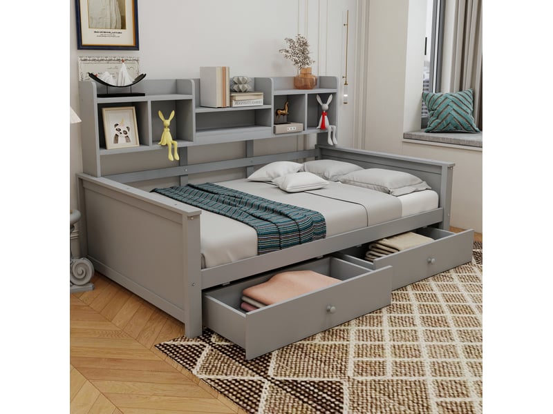  Lit simple 90x200 cm avec tiroirs et rangements en bois gris  - Conforama D