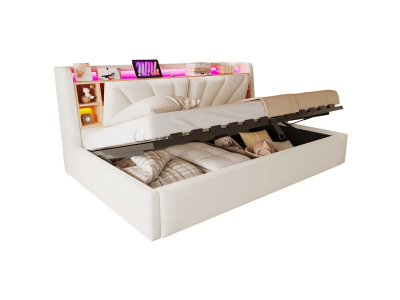  Lit banquette 90x200 cm, coffre hydraulique, dossier rangement, led et usb, 12 lattes, velours beige, sans matelas  - Conforama A