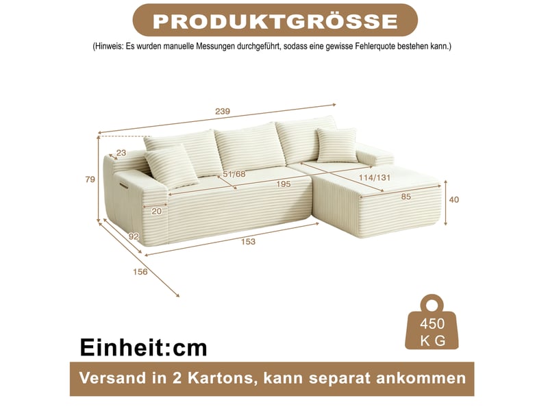 Canapé d’angle modulable 4 places en velours côtelé beige, 239x156x79 cm - Conforama C