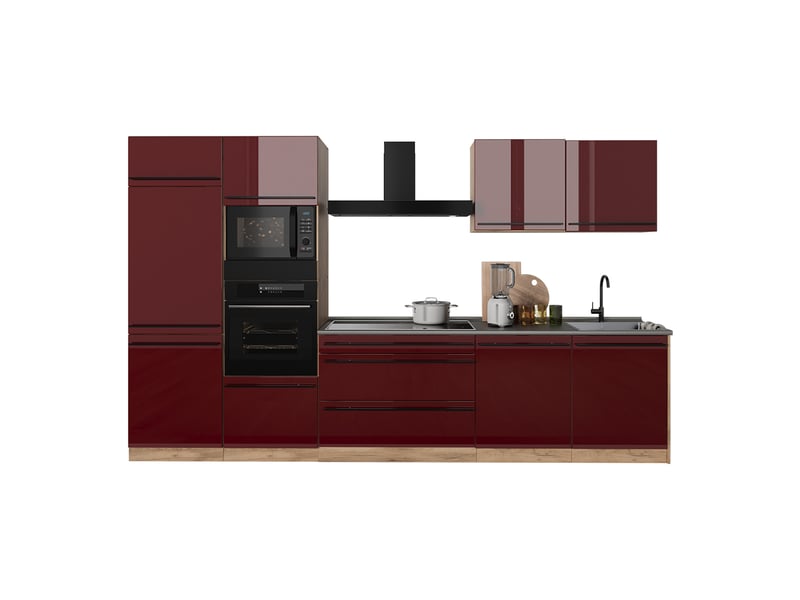  Vicco cuisine, rouge brillantchêne doré, 340cm plan de travail chêne doré  - Conforama E
