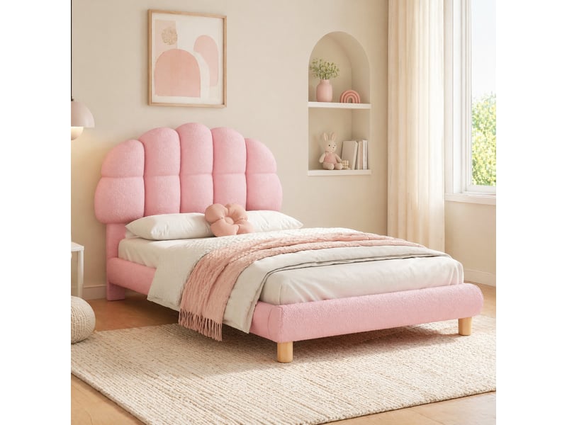  Lit simple enfant 200×90 cm avec tête de lit rembourrée réglable, sommier à 12 lattes, en bouclette rose et blanc  - Conforama B