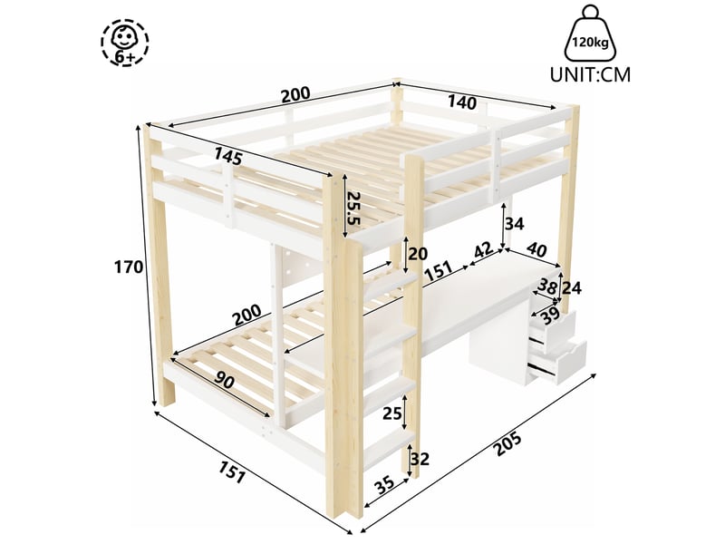  Lit mezzanine avec bureau, tiroirs, panneau perforé et led, pin, 90x200+140x200 cm  - Conforama C