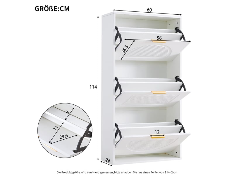  Meuble à chaussures - 60x24x114cm - meuble d'entrée étroit avec 3 abattants, séparateurs réglables, anti-basculement - blanc mat  - Conforama E