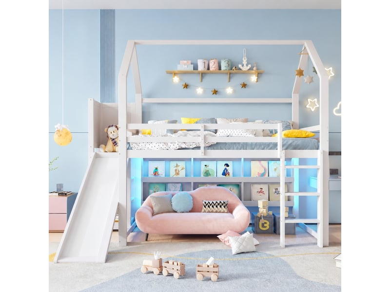  Lit mezzanine enfant 90 x 200 cm avec toboggan, rangements et led, blanc  - Conforama C