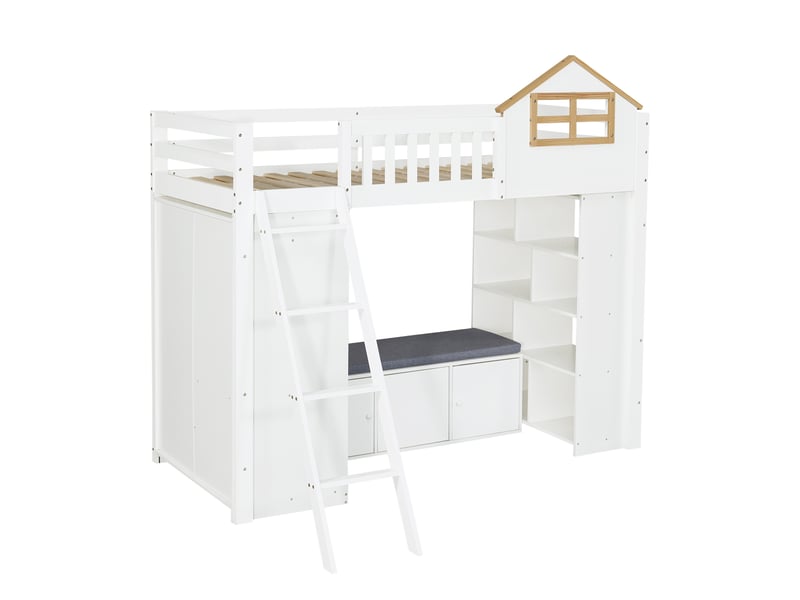  Lit mezzanine 90 x 200 cm en bois blanc et naturel, lit enfant design maison, échelle, armoire, étagère ouverte et banquette avec espace de rangement  - Conforama D