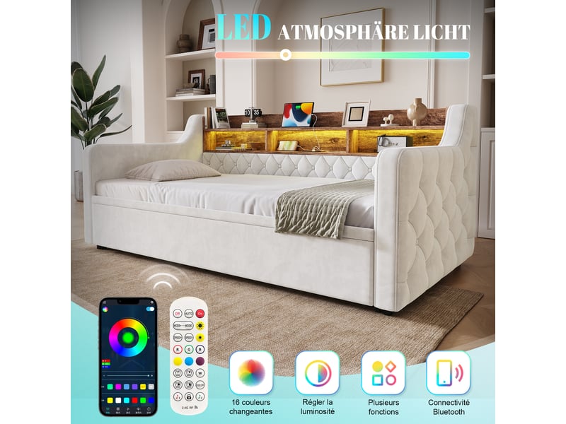  Canapé-lit 90x190 cm, lit enfant, couchage d'appoint, sommier à lattes, couchage gigogne extensible, led, usb et usb-c  - Conforama E