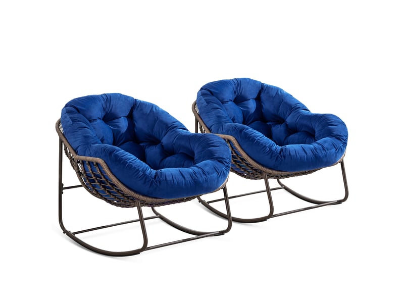  Fauteuil à bascule en résine tressée bleu marine avec coussin épais, idéal en extérieur sur terrasse ou jardin  - Conforama A