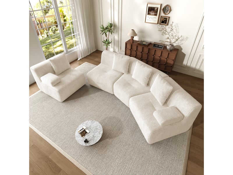  Canapé modulaire 4 places à modules indépendants sans montage, en velours côtelé beige clair, 311 × 90 × 65 cm  - Conforama E