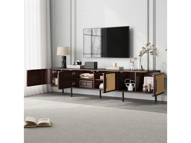  Meuble tv 180 x 40 x 45 cm - banc tv effet noyer façades tressées 4 portes pieds métal noir – mdf – noyer  - Conforama D