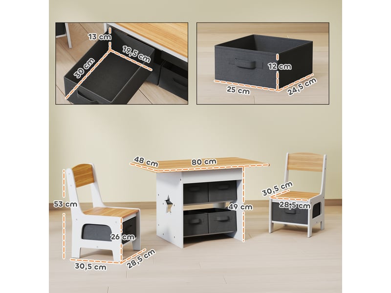 Table enfant avec 2 chaises et 6 tiroirs en tissu, motif étoiles, pour garçons et filles de 3 à 8 ans, couleur naturelle - Conforama D