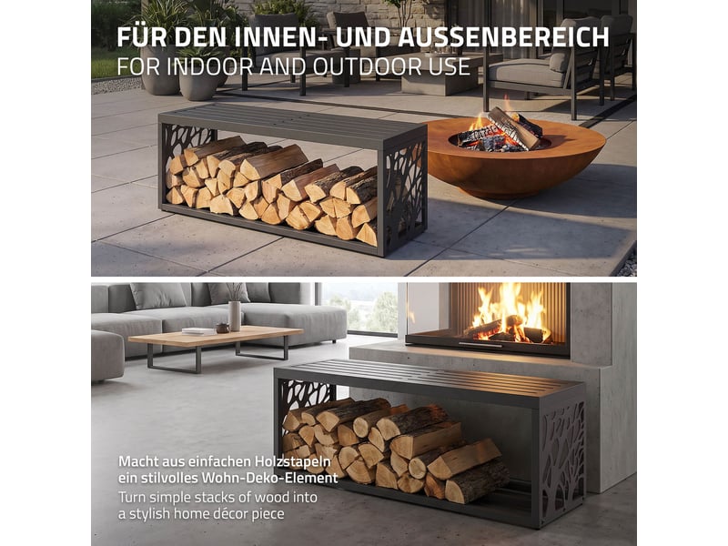  Ml-design range-bûches pour intérieur et extérieur avec banc, acier galvanisé, conception 2-en-1 motif branches, rangement bois de chauffage, support d'empilage résistant aux intempéries, 120x38x43 cm ECD Germany GmbH - Conforama D
