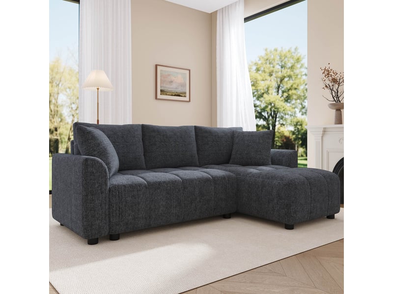  Canapé d’angle modulable 3 places 204 x 127 x 82,5 cm, méridienne réversible, tissu chenille, accoudoirs arrondis, 2 coussins, gris Radiant Stride - Conforama D
