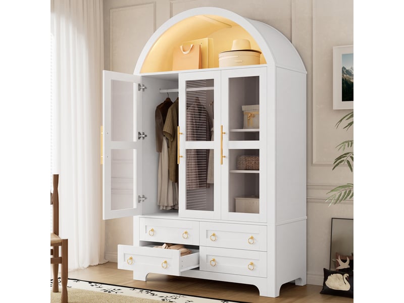 Vitrine haute 110x50x186 cm, 3 portes vitrées, penderie, 4 tiroirs, led par application, pour salon et salle à manger - blanc - Conforama B