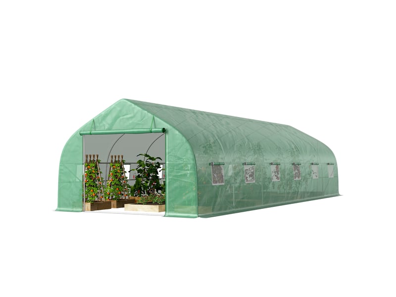  Serre de jardin tunnel grande taille avec bâche pe cadre en acier porte enroulable et 12 fenêtres 8 x 3 x 2 m vert  - Conforama B