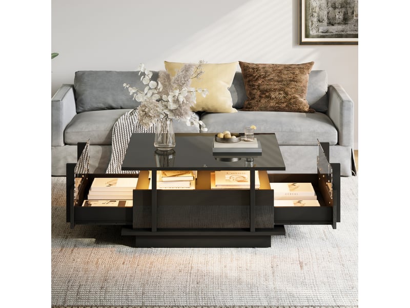  Table basse carrée 70x70x35 cm avec 2 tiroirs, led et séparateur acrylique transparent noir laqué brillant cravdom  - Conforama C
