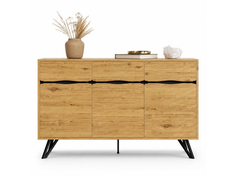 Buffet bas 3 portes en panneaux de particules – aspect bois et pieds métal noirs – 140 x 40 x 75,5 cm