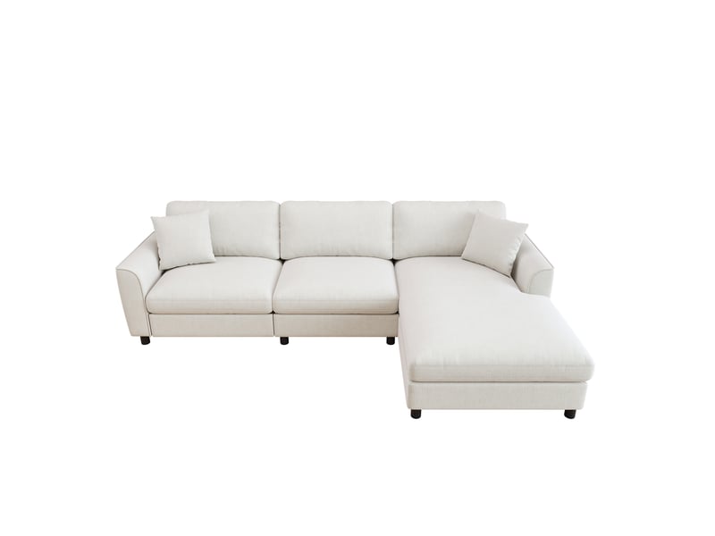  Canapé d’angle 3 places avec méridienne réversible en tissu chenille beige, 256x137x79 cm  - Conforama E