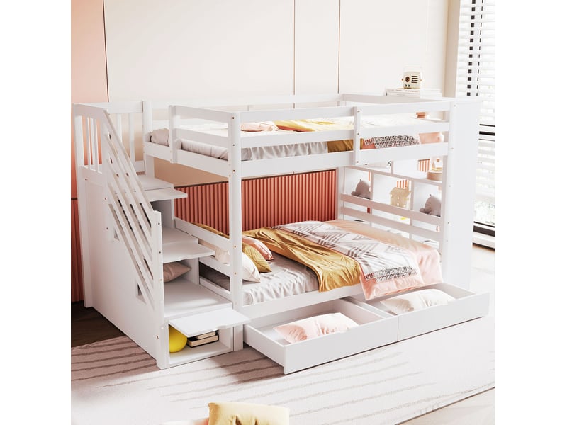  Lit superposé 90x200 cm, tiroirs, lit simple, bois bois et métal, escalier sécurisé à rangements, coloris blanc, sans matelas  - Conforama D