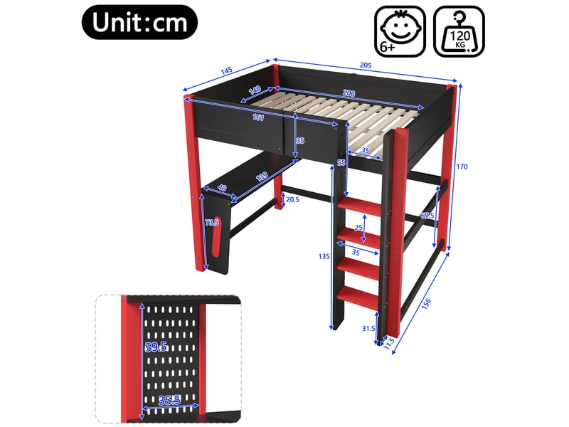 Lit mezzanine 140x200 cm noir avec bureau, panneau perforé et éclairage led - Conforama C