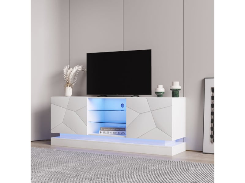  Meuble tv blanc givré 1,6 étagère en verre réglable, 70 pouces d'espace, armoire tv rangement élégant avec charnières silencieuses  - Conforama C