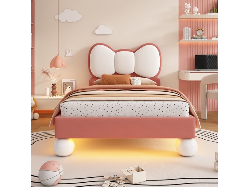  Lit enfant rembourré 1 place 90 x 200 cm avec tête de lit nœud papillon, led multicolore réglable sous le lit, sommier à lattes, velours beige et rose  - Conforama D