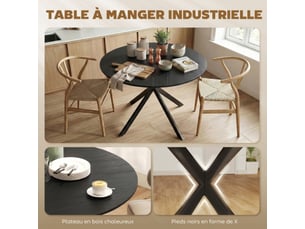 Table à manger ronde pour 4 personnes 100 cm, piètement croisé en acier, style industriel avec plateau aspect bois, noir