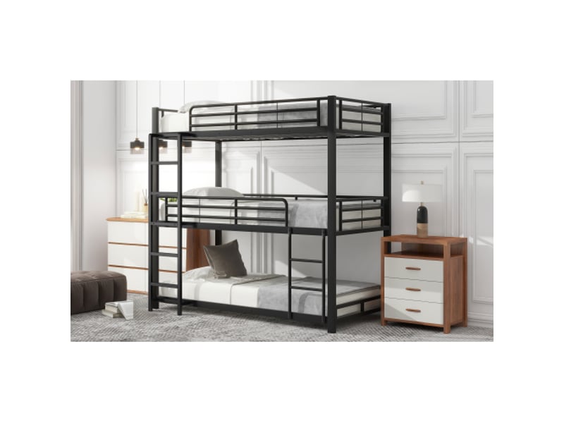  Lit superposé triple 90x200 cm métal noir, enfantadoadulte. Idéal chambre partagée sans matelas.  - Conforama W