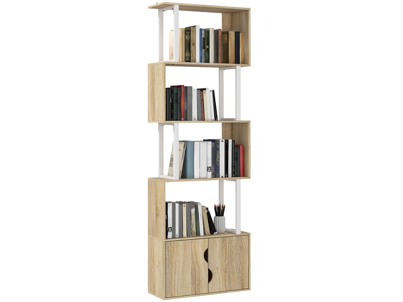 Bibliothèque à 5 niveaux, meuble de rangement avec étagères et placard double porte, 60 x 23,8 x 179,2 cm, bois naturel - Conforama A