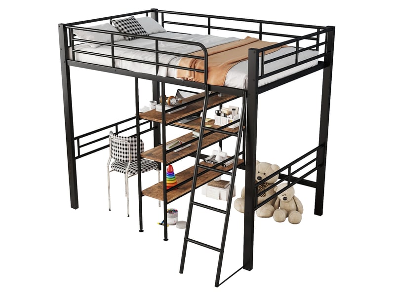  Lit mezzanine enfant noir 90 x 200 cm avec bureau, étagères, échelle et garde-corps  - Conforama A
