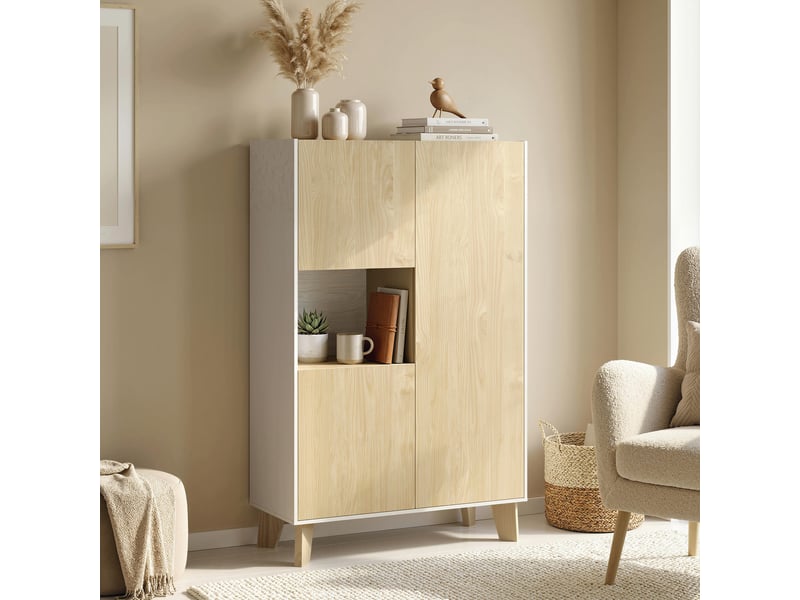  Buffet de salon, meuble de rangement à 6 compartiments avec portes à fermeture amortie, 80 x 40 x 135 cm, bois blanc et naturel  - Conforama C