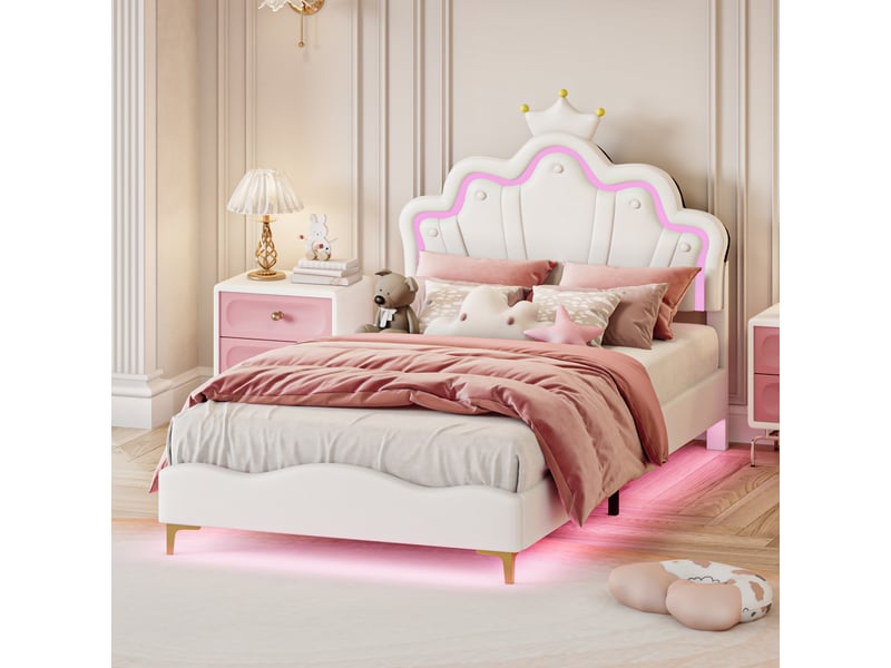 Lit enfant 90x190 cm, lit rembourré en similicuir pu blanc avec tête de lit couronne et nuage, éclairage double led rgb (tête et sous le lit), hauteur réglable - Conforama B
