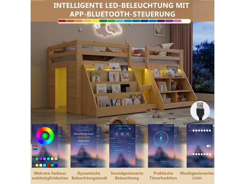  Lit mezzanine enfant 90x200cm en pin avec compartiments ouverts et led,lit superposé simple avec échelle et barrières de sécurité,sans matelas-naturel  - Conforama D