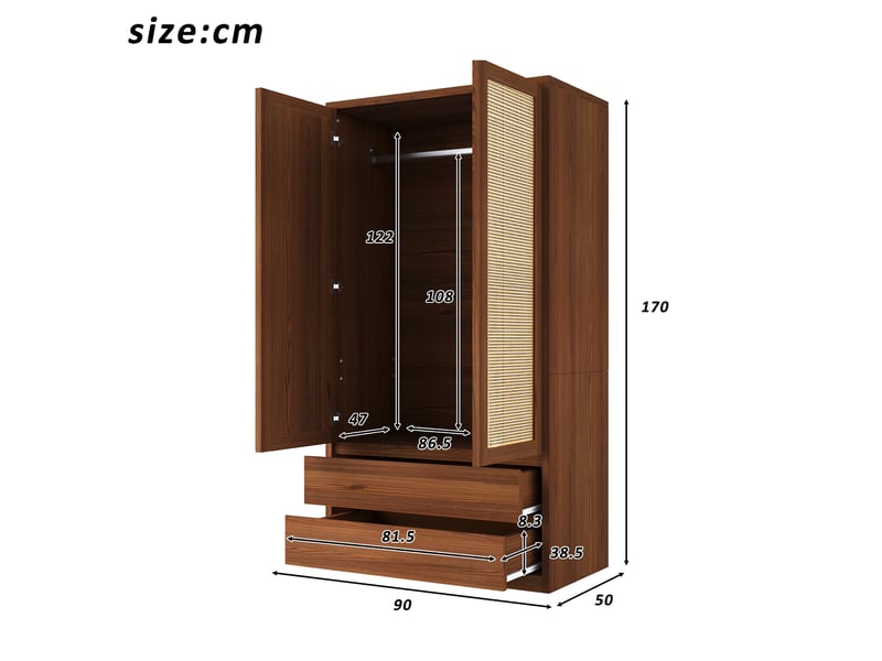  Armoire-penderie 90x50x170cm à 2 portes en rotin, 2 grands tiroirs, poignées dissimulées et large espace de suspension, bois naturel evarich - Conforama C