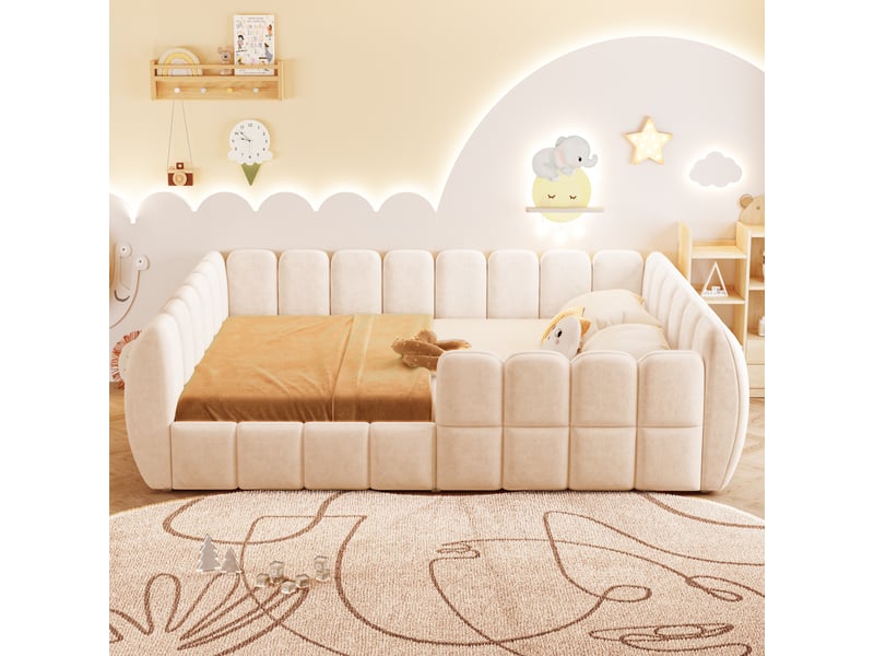  Lit enfant au sol 140 x 200 cm, lit rembourré avec cadre fermé, coins arrondis, chambre enfant, velours, beige CARDUME ESTIVAL - Conforama C