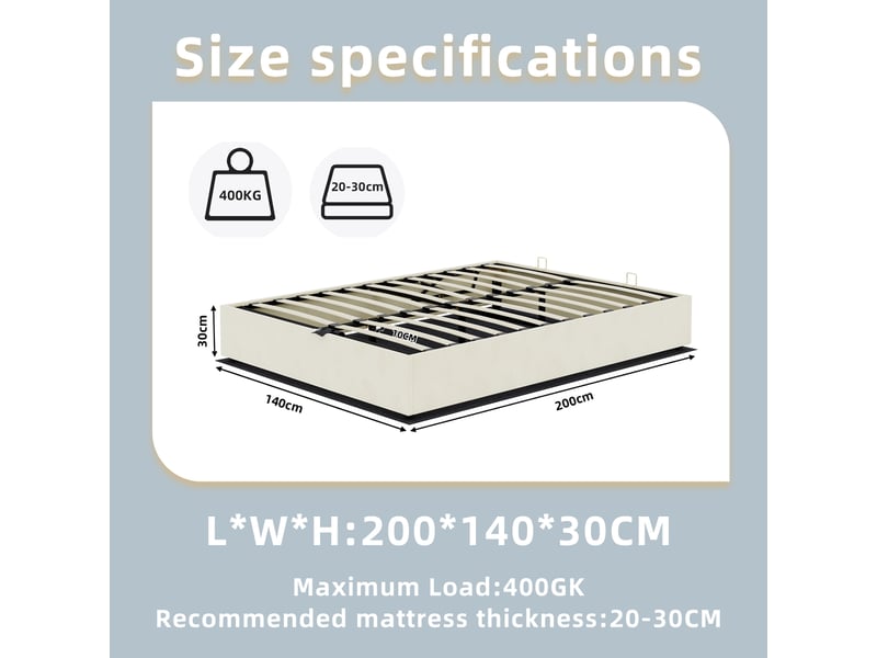 Lit coffre 140x200, 2 places, avec vérins à gaz, velours beige, design moderne  - Conforama C