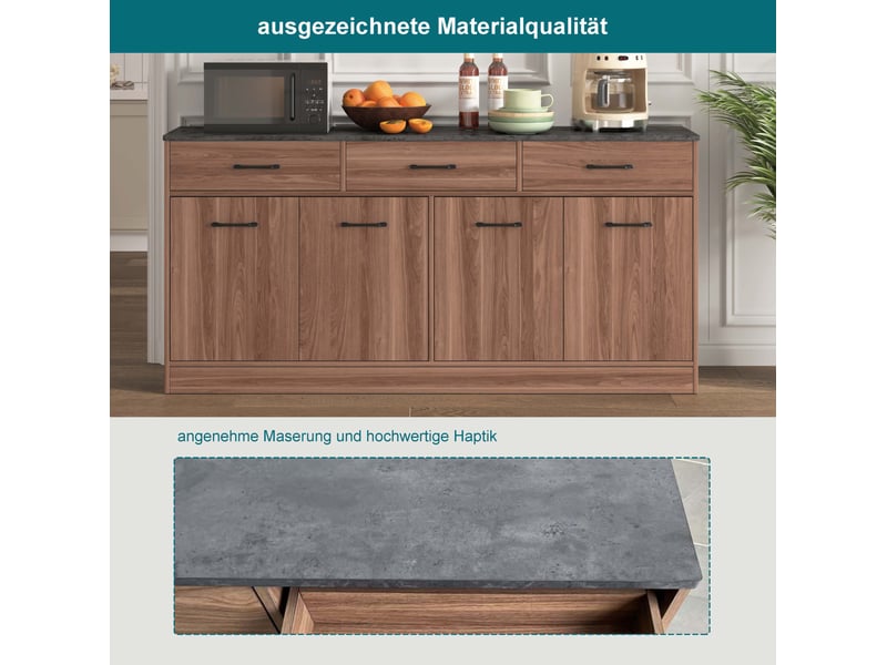  Buffet bas de cuisine en mdf effet noyer – 3 tiroirs et étagères réglables – 160 x 37 x 76,5 cm  - Conforama E
