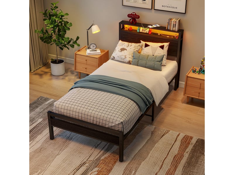  Lit coffre, lit enfant 90x200 cm, tête de lit avec rangement, led, métal et bois noir, usb  - Conforama A