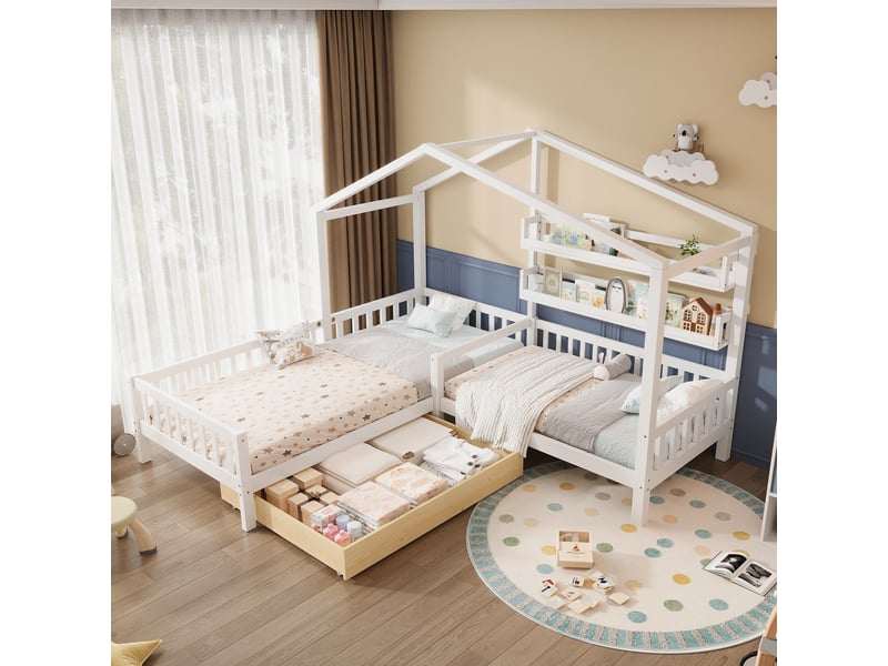  Lit cabane enfant 90x200 cm+140x70 cm avec tiroirs et étagères, bois massif avec barrière et sommier a lattes, structure en l, blanc  - Conforama D
