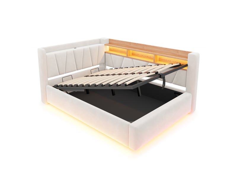 Lit banquette coffre 140 × 200 cm en velours beige, led et usb IKSETERA TRADING LTD - Conforama E