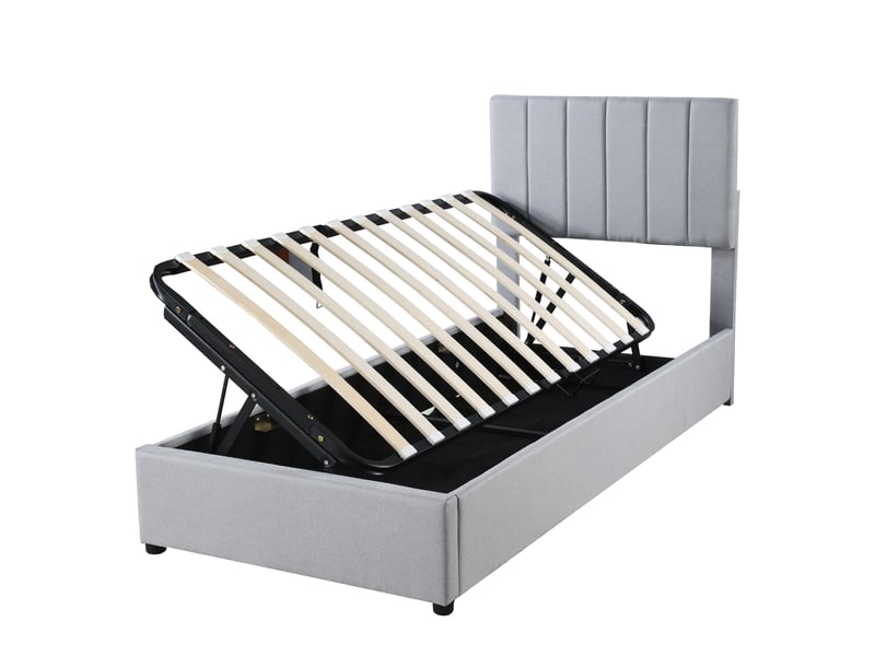  Lit enfant 90x200 cm en tissu gris, coffre hydraulique, rangement et sommier à lattes  - Conforama D