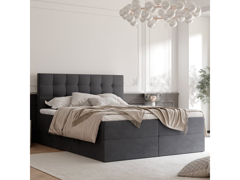  Lit adulte grand - 160x200 cm - matelas ressorts + surmatelas - coffre de rangement - velours dense hydrofuge gris GRAND - Conforama B