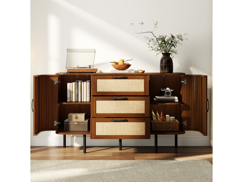 Buffet bas en mdf noyer 120 x 40 x 82 cm, 2 portes, 3 tiroirs et pieds noirs - Conforama D