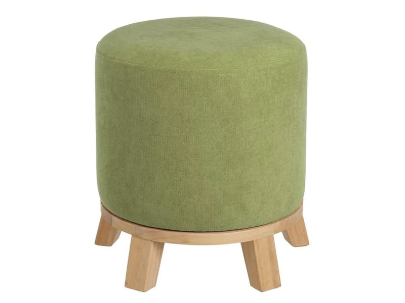  Pouf rond rembourré en chenille avec piètement en bois, coloris vert - diamètre 40 x hauteur 45 cm  - Conforama A