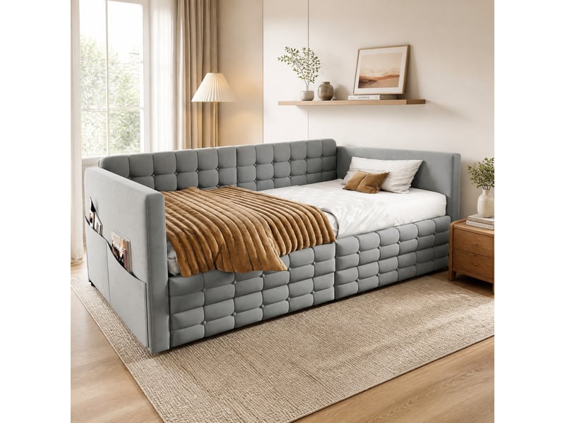 Lit simple 90x190 cm avec tiroirs et poches latérales en velours gris clair  - Conforama B