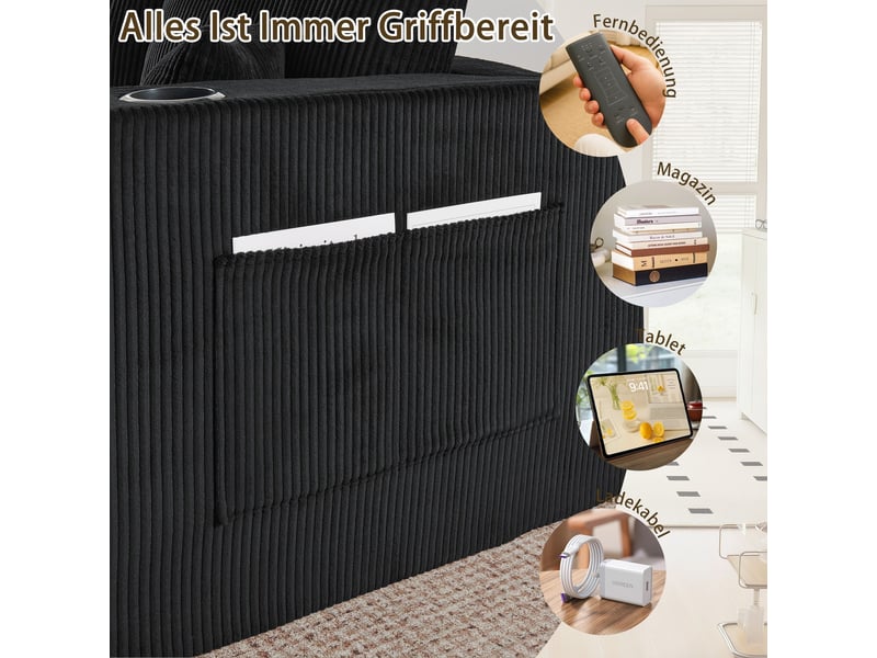  Canapé d’angle modulable 3 places 230 cm avec 2 poufs, tissu côtelé, porte-gobelets, poches latérales, montage facile, noir  - Conforama E