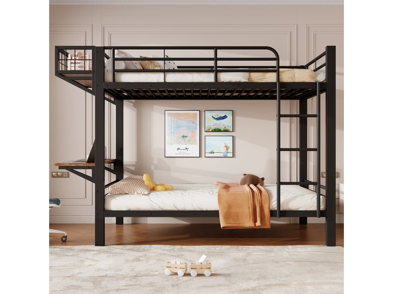  Lit superposé 90 x 200 cm – avec bureau – avec barrières de sécurité – avec échelle – noir (matelas non inclus)  - Conforama B