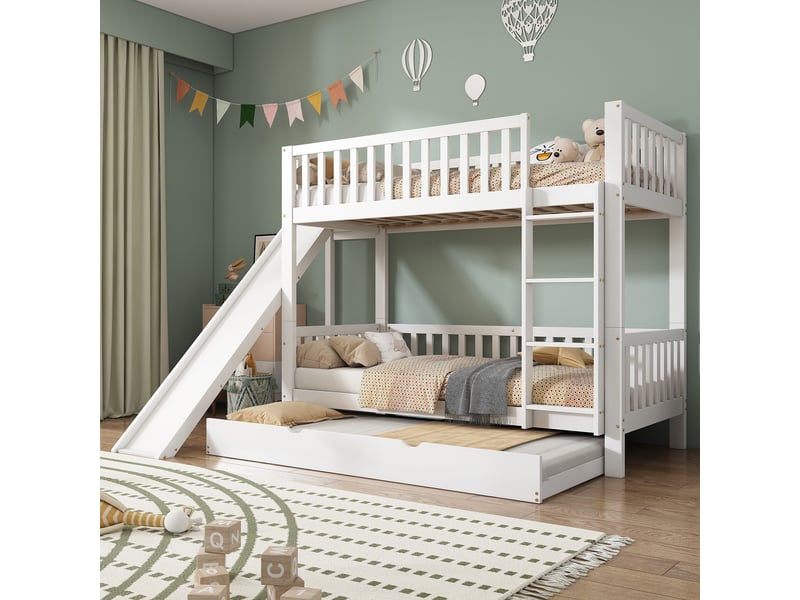  Lit superposé enfant 90x200cm avec toboggan, lit gigogne gain de place et étagères, pin massif et mdf, blanc  - Conforama B