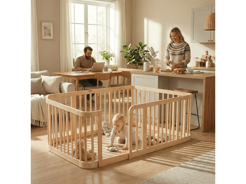  Parc bébé modulaire 140 × 200 cm avec écart de 7 cm et bords arrondis, en bois d'ingénierie, naturel  - Conforama C