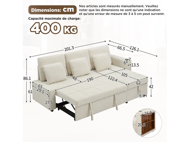  Canapé-lit 3 places convertible 201,3x126,1x86,1 cm avec rangement couleur beige clair, poches latérales, coffre sous  - Conforama C